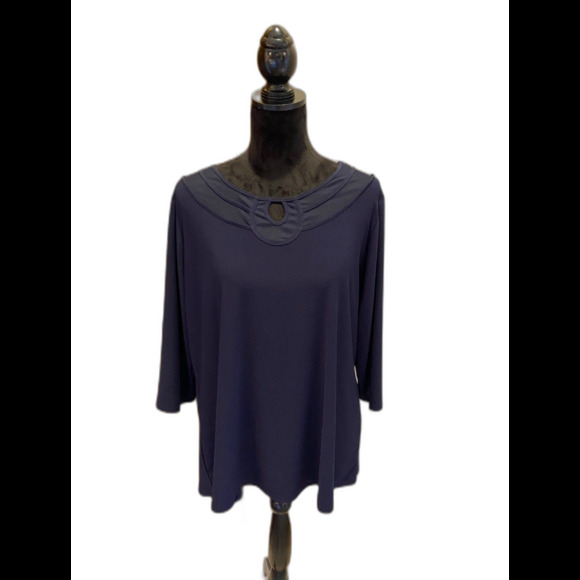 Adele & May Blouse Plus Size 1X Womens Top  Navy 3/4 Sleeve Keyhole Front Dressy - Picture 1 of 7